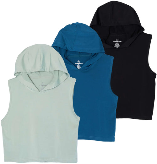 Mahya 3-Pack Women's Dri-Fit Sleeveless Hooded Crop Tops – moisture-wicking athletic workout shirts, Set 3, size XX-Large
