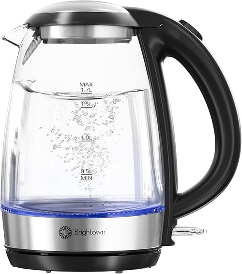 Brightown RapidHeat 1.7L electric kettle – 1500W, borosilicate glass, auto shut-off, British Strix thermostat