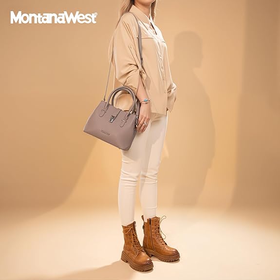 Montana West tan PU leather convertible satchel tote handbag with top handle and crossbody strap
