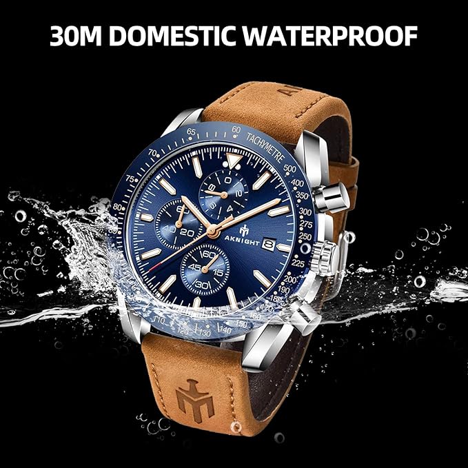 Casotime men's silver blue leather chronograph watch with 45MM stainless steel case