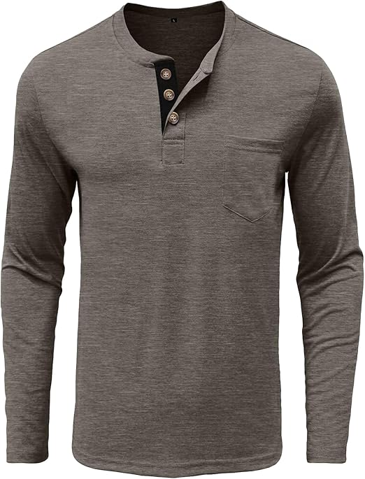 Men's light grey long sleeve Henley shirt with chest pocket and button collar