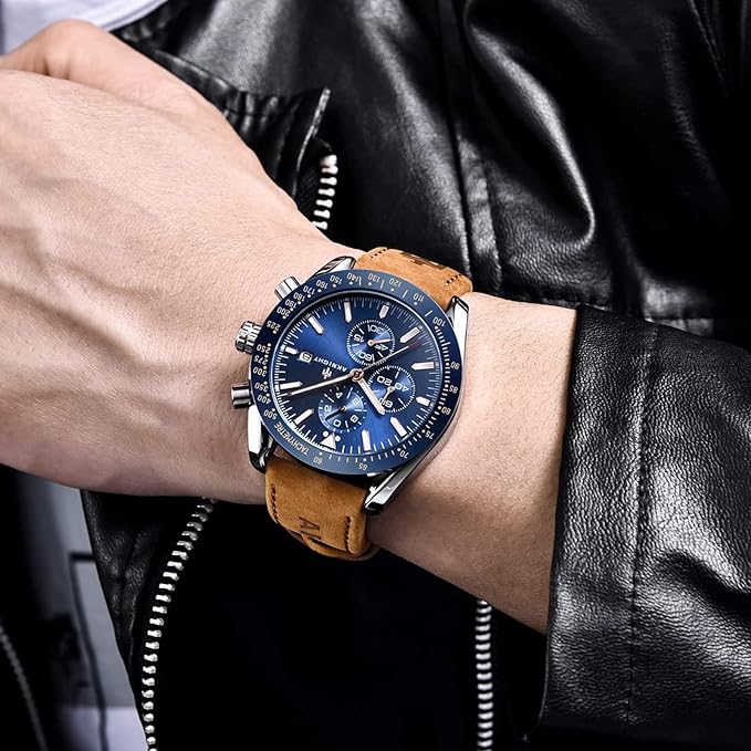 Casotime men's silver blue leather chronograph watch with 45MM stainless steel case