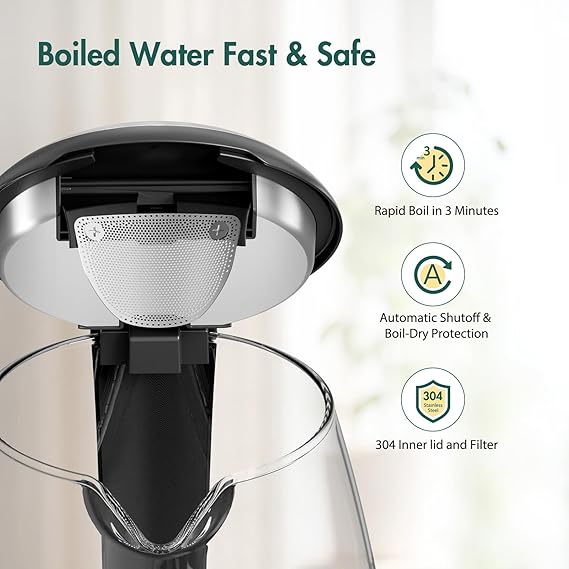 Brightown RapidHeat 1.7L electric kettle – 1500W, borosilicate glass, auto shut-off, British Strix thermostat