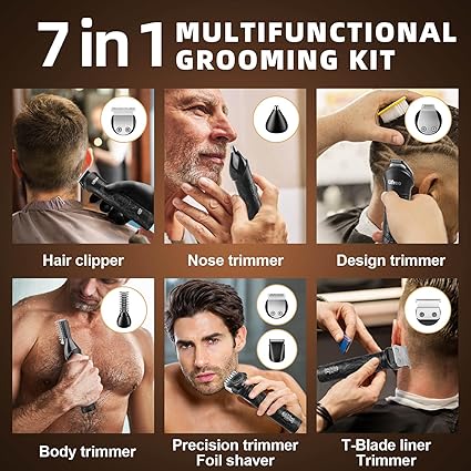 MultiPro 7-in-1 men's grooming kit in black with beard body and hair trimmer heads and storage base