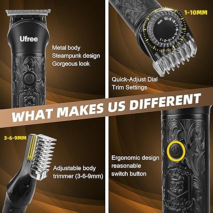 MultiPro 7-in-1 men's grooming kit in black with beard body and hair trimmer heads and storage base