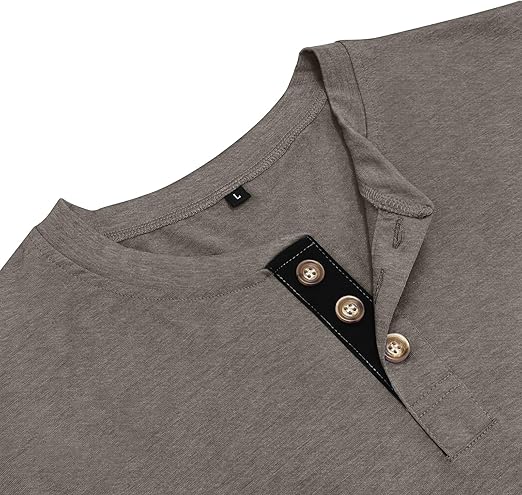 Men's light grey long sleeve Henley shirt with chest pocket and button collar