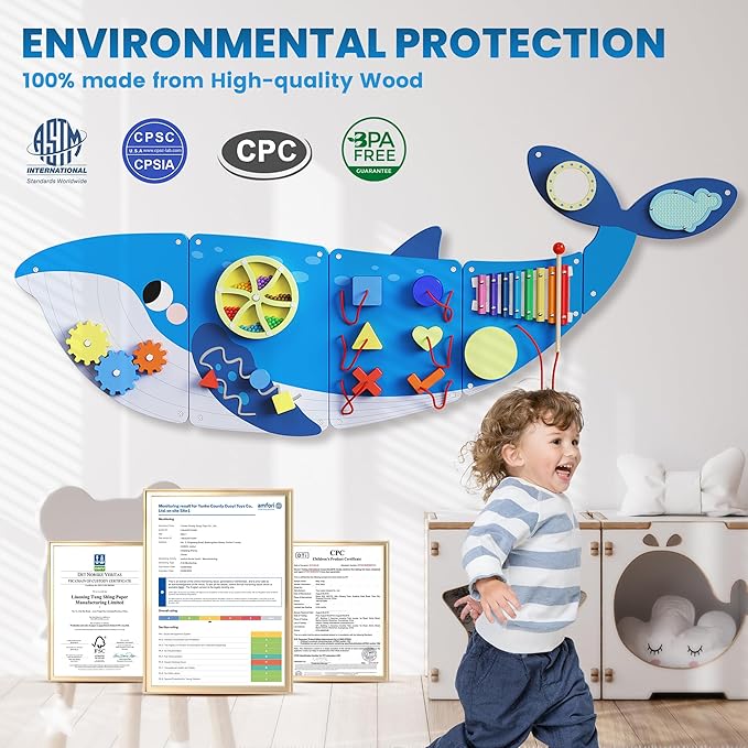 FSC-certified wood whale busy board for toddler development