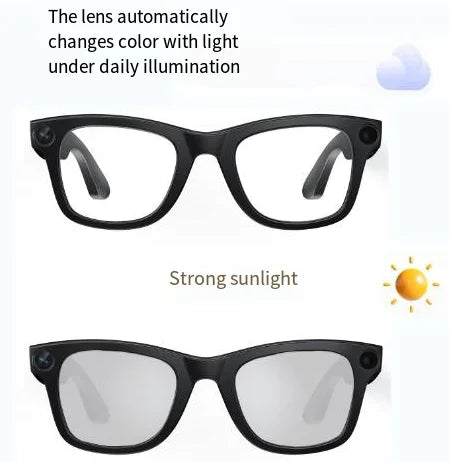 AI camera smart glasses with transparent lens featuring HD video recording and object recognition