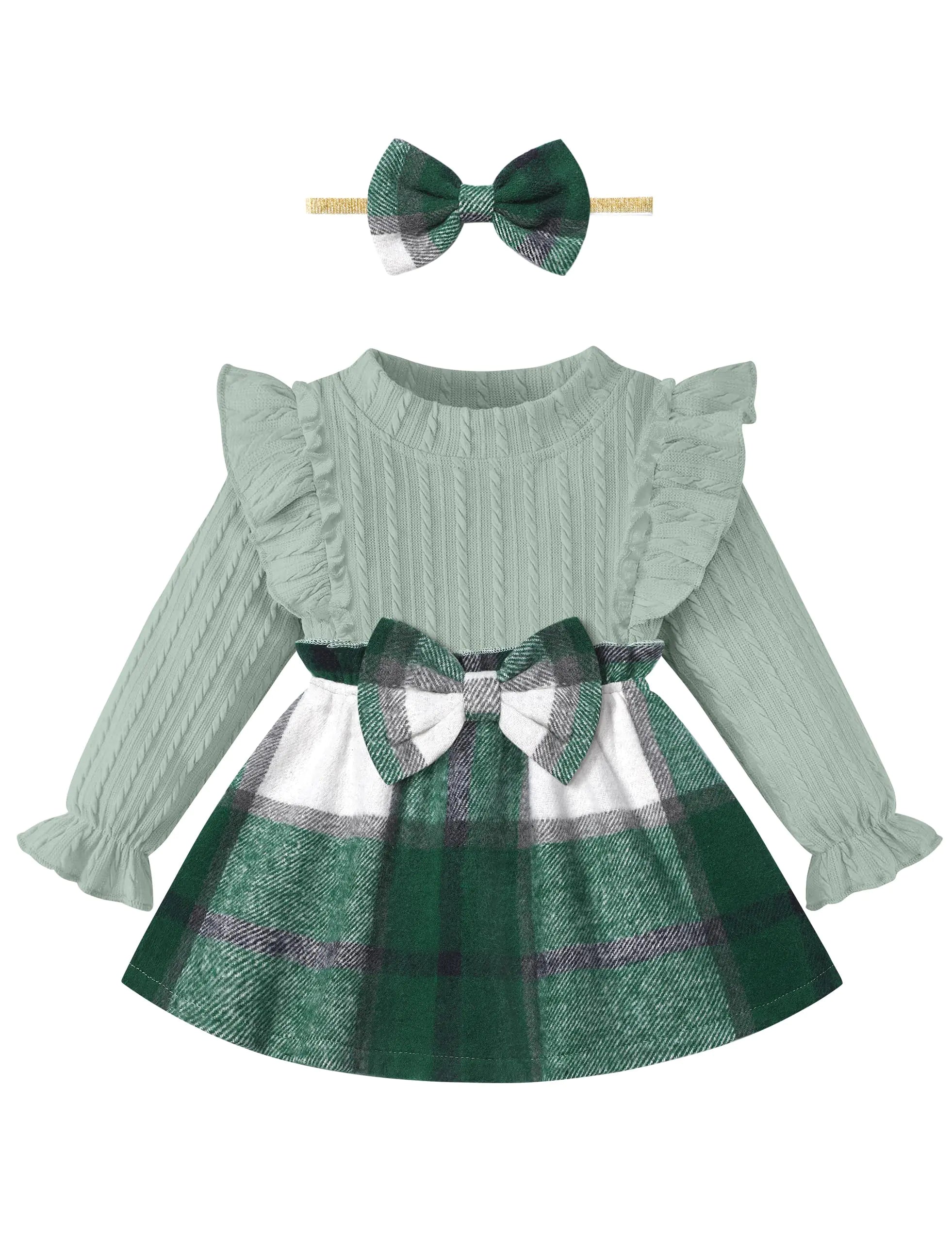 Baby girl plaid patchwork dress with matching headband - soft cotton Fall Winter outfit