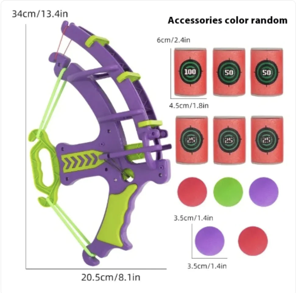 Bow and arrow set showing soft balls and target practice barrels

