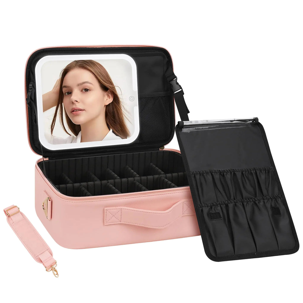 LuxeLit pink makeup organizer case with rechargeable LED mirror shoulder strap and multiple compartments
