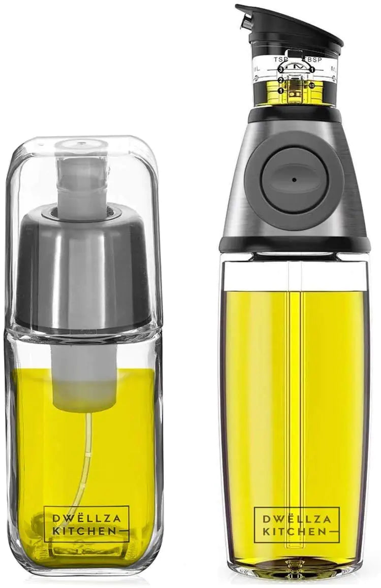 DWËLLZA 2-in-1 glass oil dispenser and sprayer set – non-drip, BPA-free, stainless steel lid