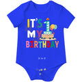Baby 1st Birthday bodysuit in blue with colorful balloons and fireworks design - infant romper for boys 18-24 months by Mahya