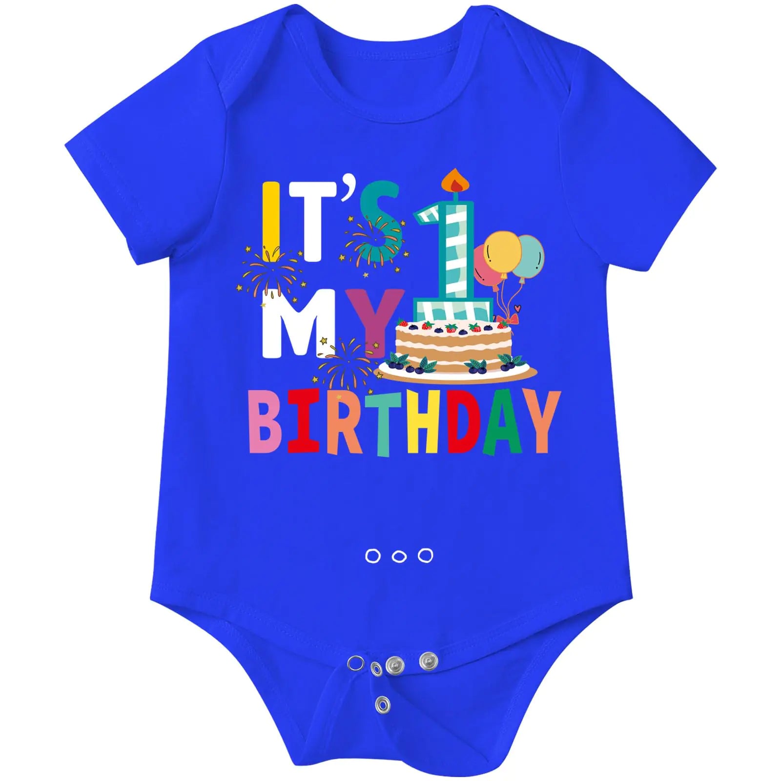 Baby 1st Birthday bodysuit in blue with colorful balloons and fireworks design - infant romper for boys 18-24 months by Mahya