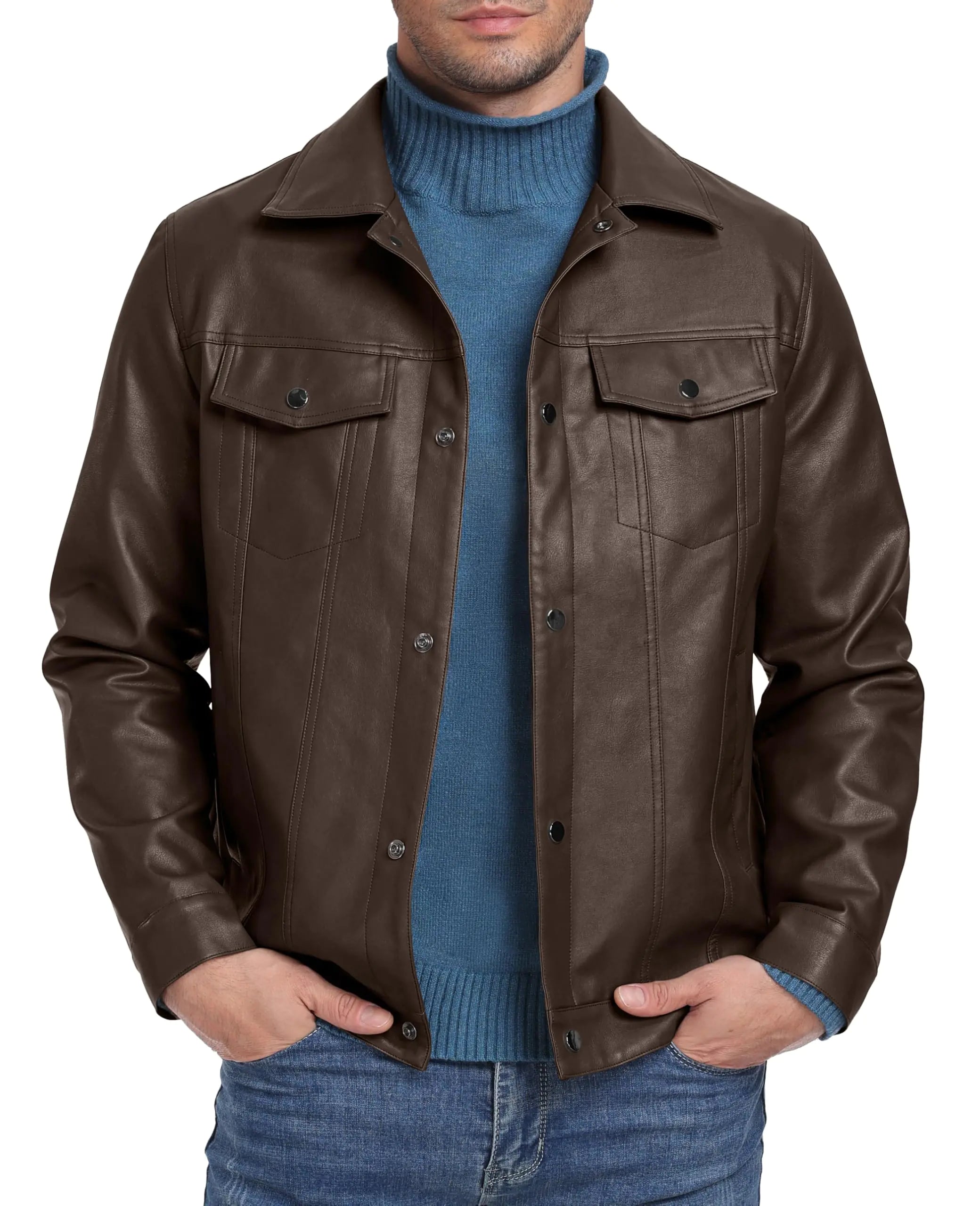 Men's brown faux leather motorcycle jacket with lapel collar