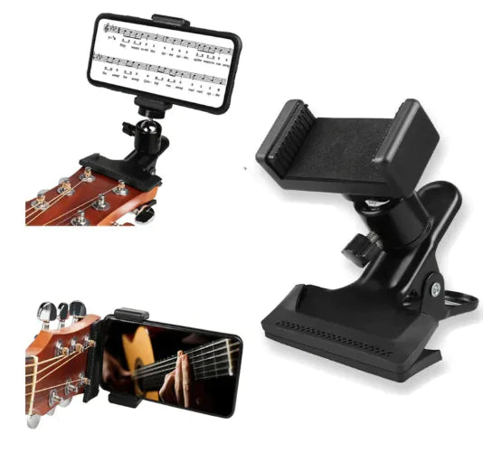 Mahya Phone Guitar Clip Stand in Black – adjustable hands-free smartphone holder for guitar streaming and recording