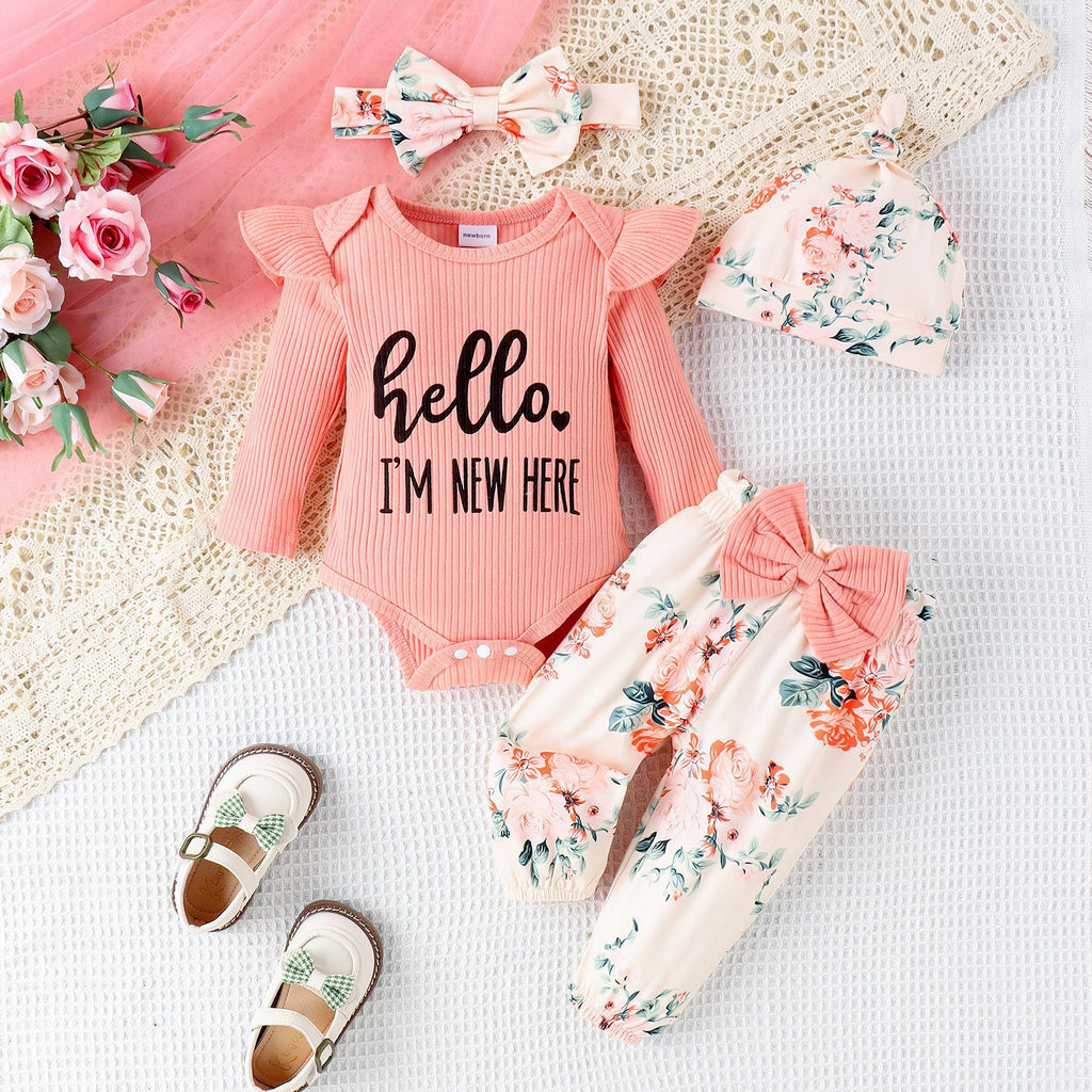 Europe And The United States Foreign Trade Children's Clothing Newborn Clothes Baby Girl One-piece Long Pants Hat Scarf Four-piece Baby Clothing
