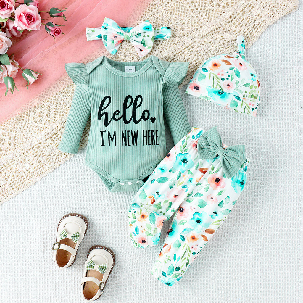 Europe And The United States Foreign Trade Children's Clothing Newborn Clothes Baby Girl One-piece Long Pants Hat Scarf Four-piece Baby Clothing