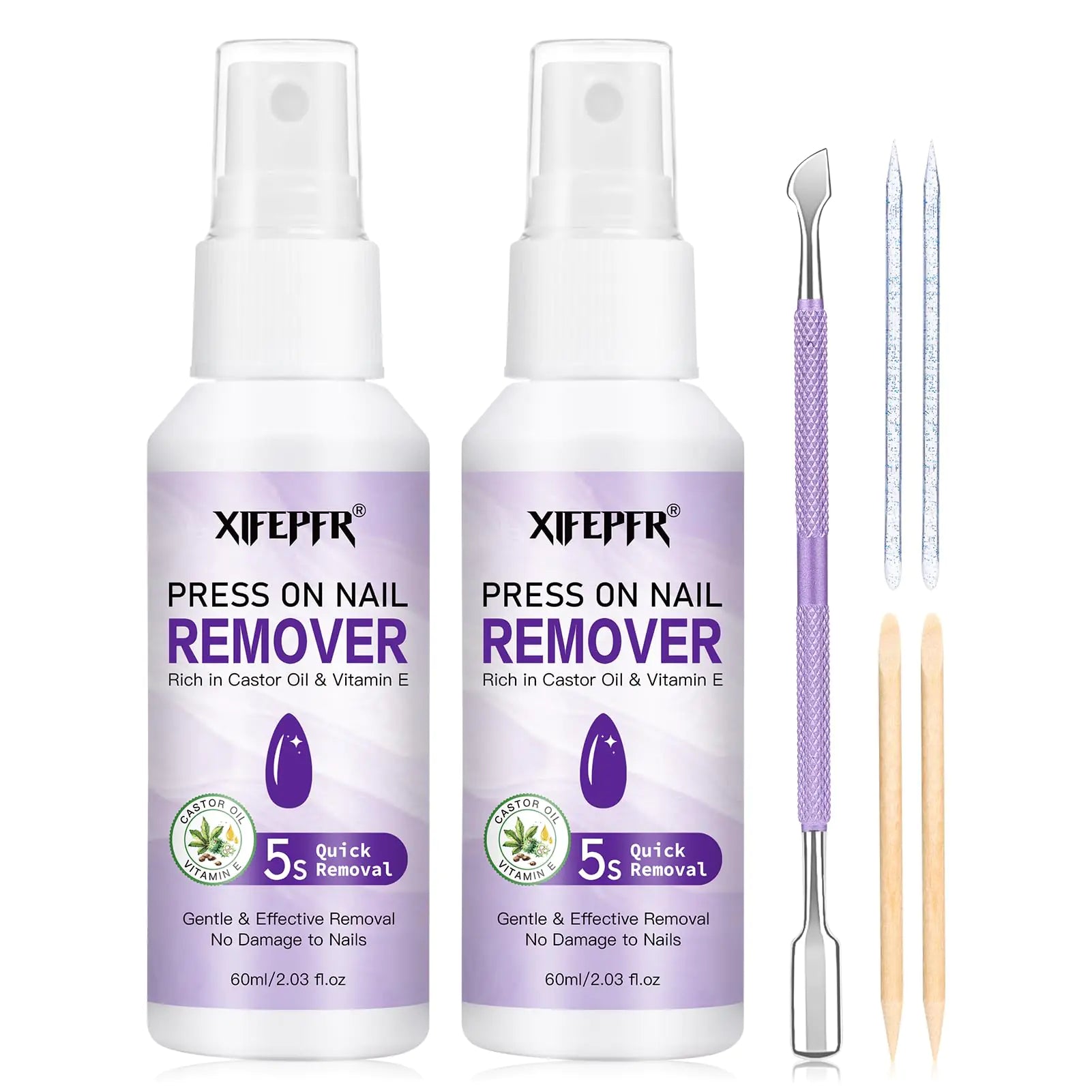 QuickFix nail glue dissolver kit with 2pc remover spray cuticle pusher and acrylic sticks for press-on nail removal