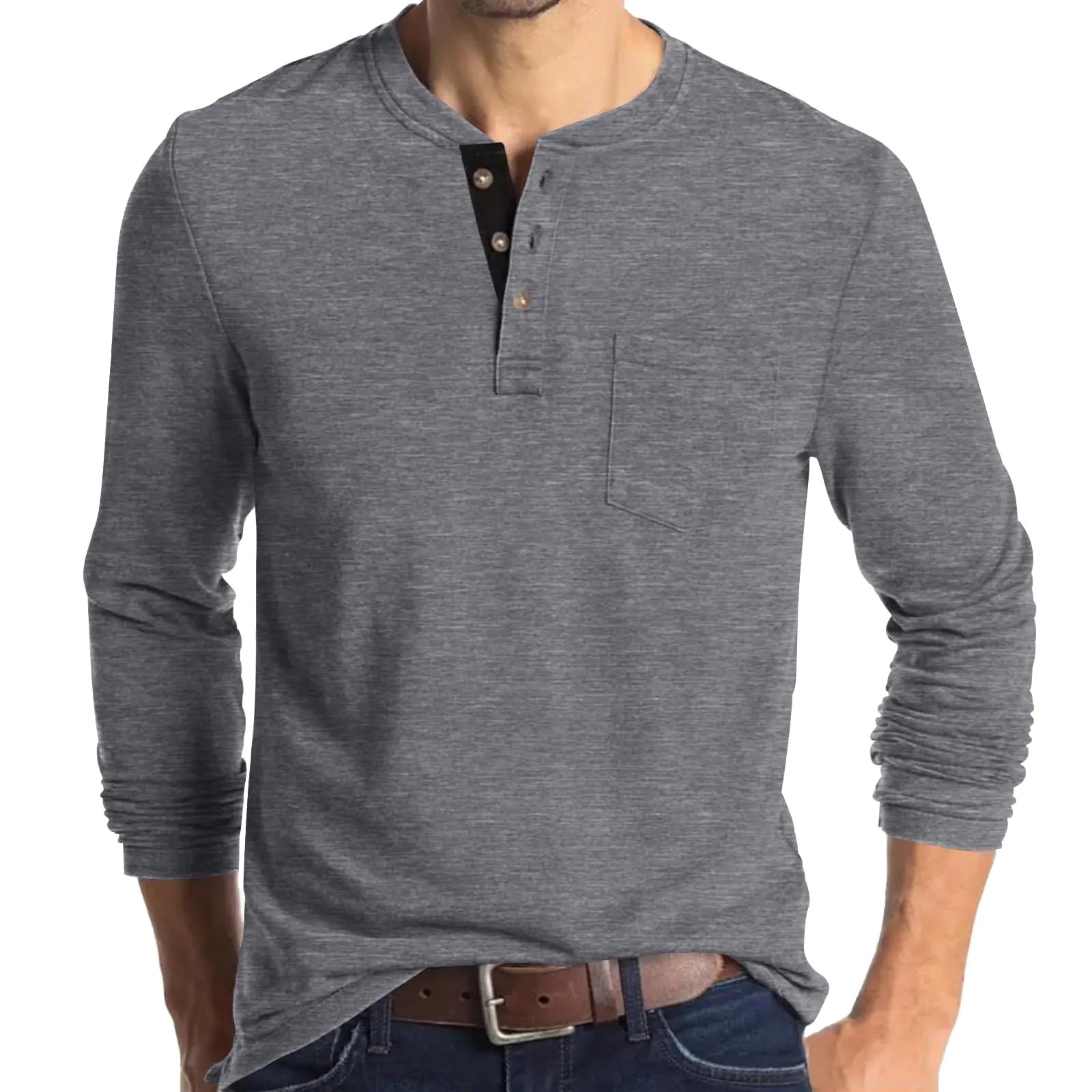 Men's light grey long sleeve Henley shirt with chest pocket and button collar
