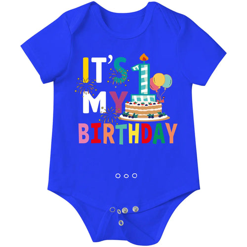 It's My 1st Birthday cotton bodysuit with envelope neckline and button closure for easy diaper changes