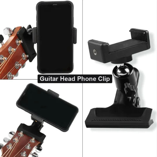 Mahya Phone Guitar Clip Stand in Black – adjustable hands-free smartphone holder for guitar streaming and recording