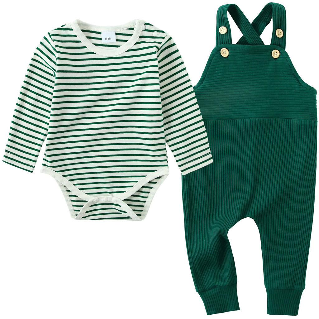 YUEMION baby boy green striped romper and overalls 2-piece outfit set - cotton blend with snap closures for 3-6 months by Mahya
