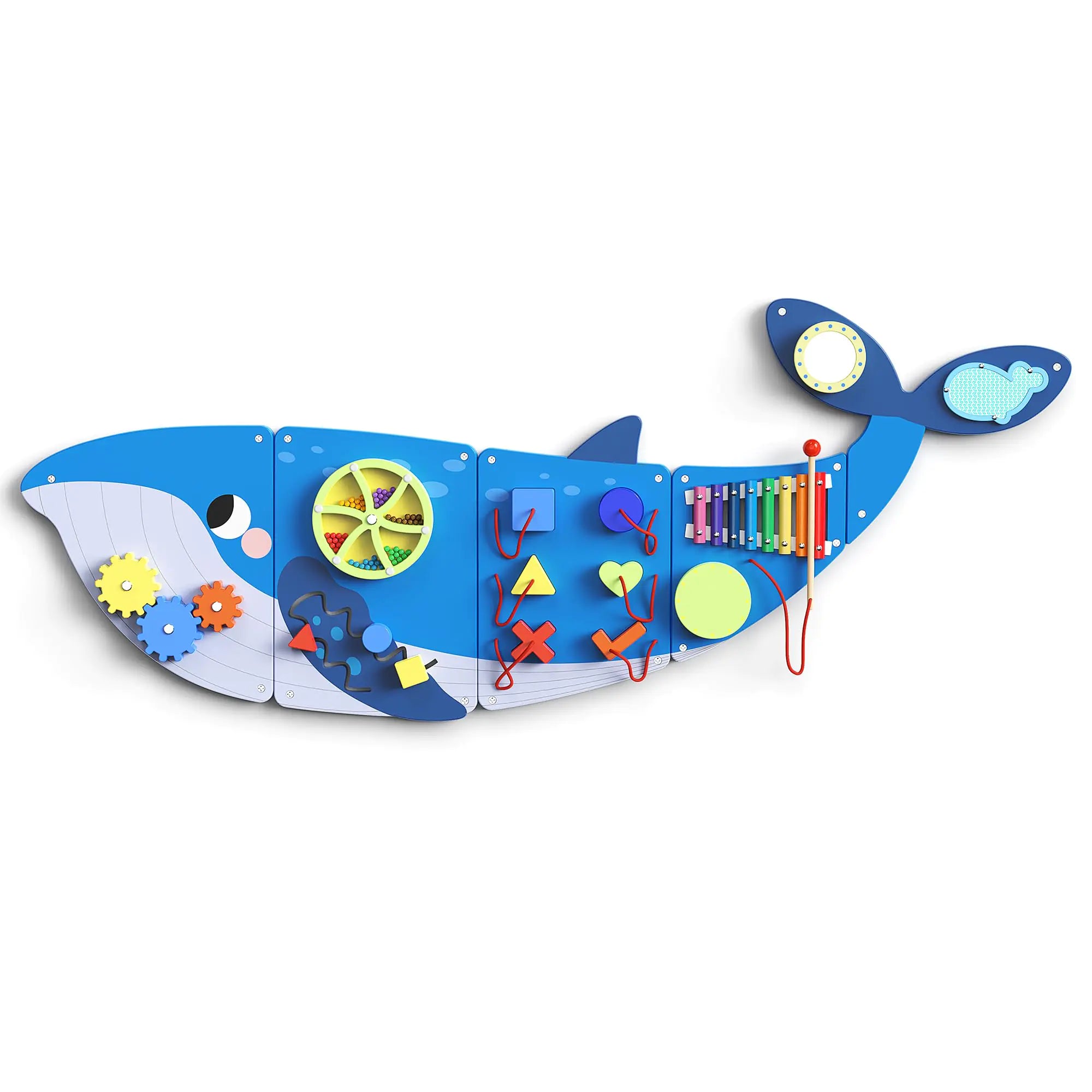 Blue whale Montessori busy board with 8 interactive learning activities