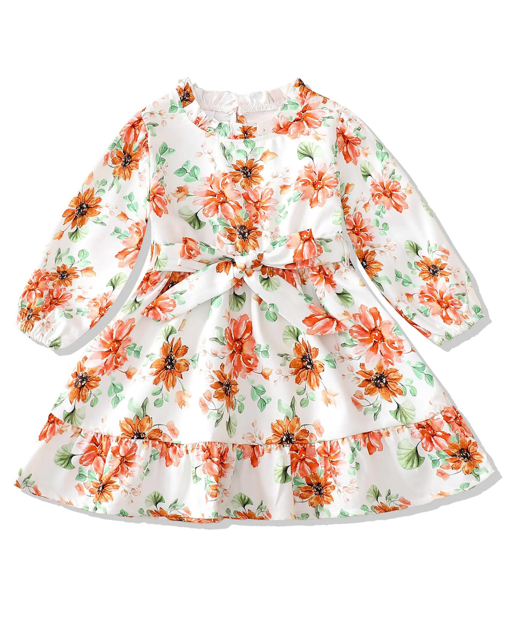 SUNNY PIGGY toddler girl pink floral dress with smocking waist and bow - long sleeve cotton linen outfit for 2-3T by Mahya