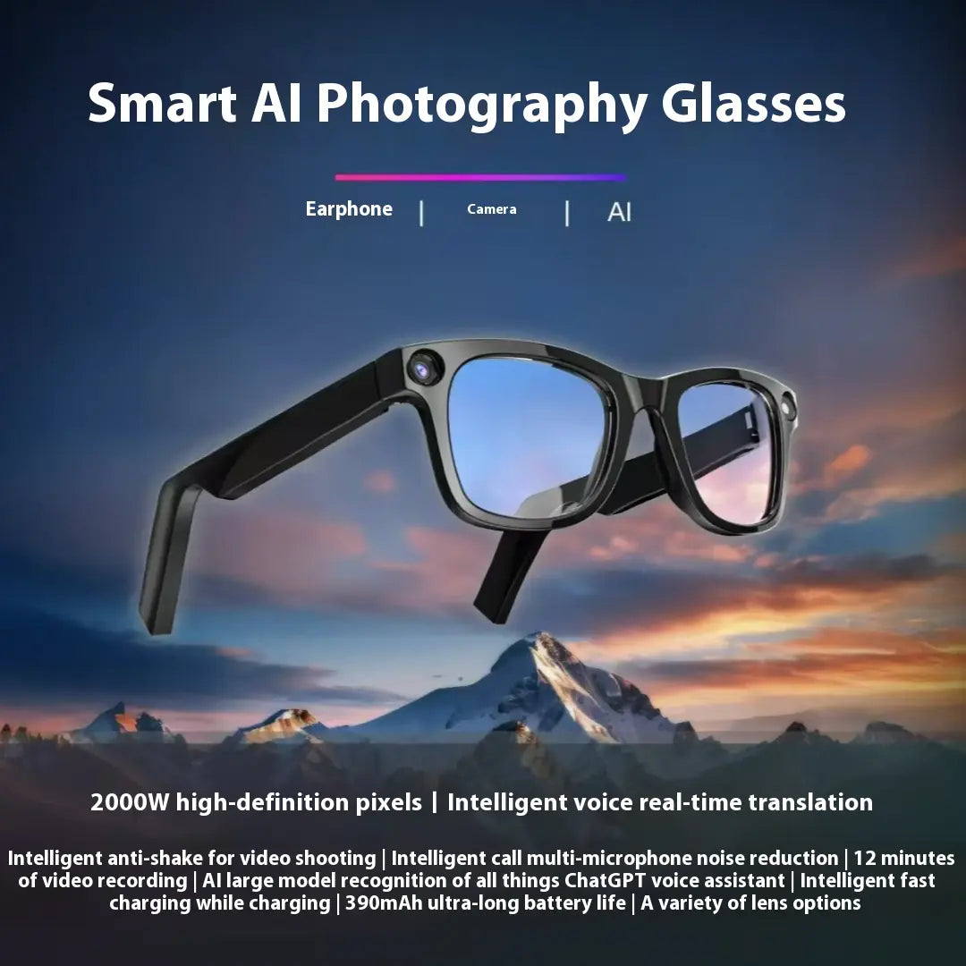 AI camera smart glasses with transparent lens featuring HD video recording and object recognition