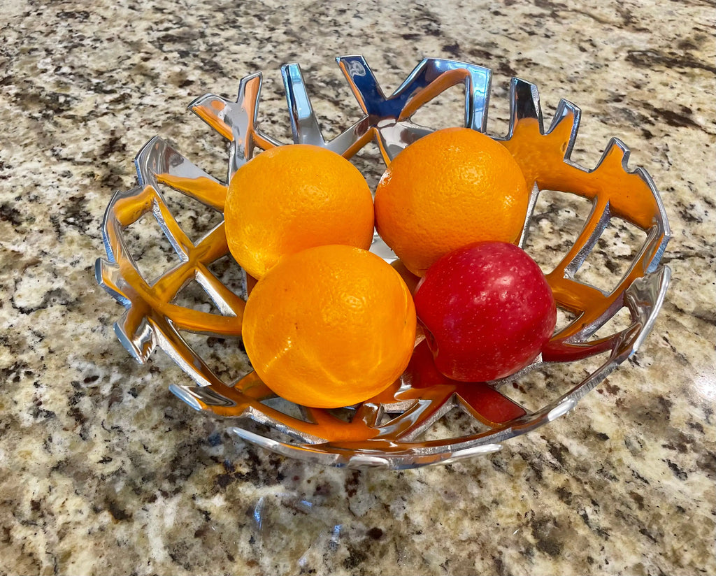 Mahya Modern Fruit & Bread Tray – handcrafted recycled aluminum decorative bowl, 12x12x4 inches, polished finish
