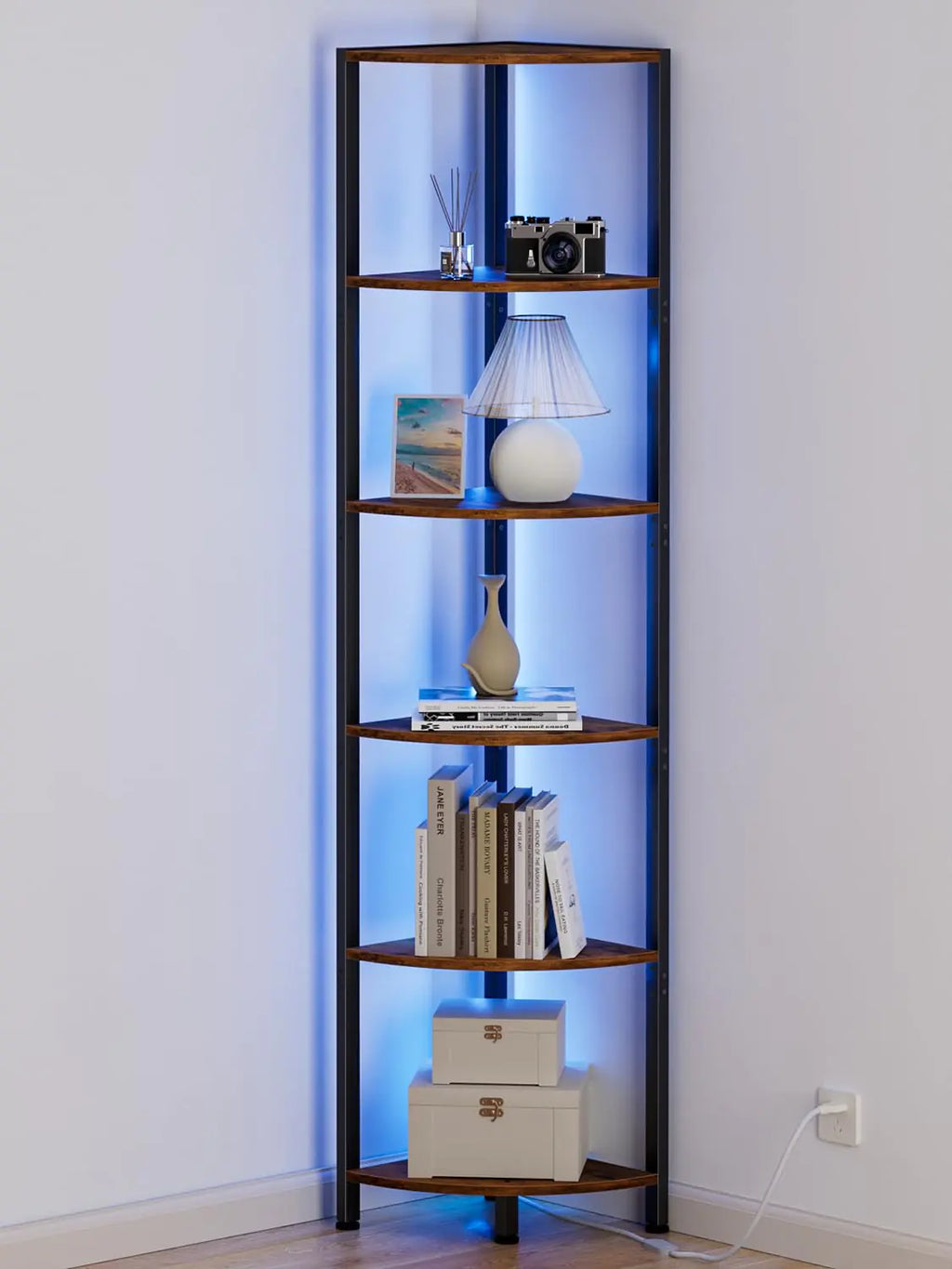 Tall corner bookshelf with LED lighting and 6 storage tiers - space-saving organizer for living room and bedroom