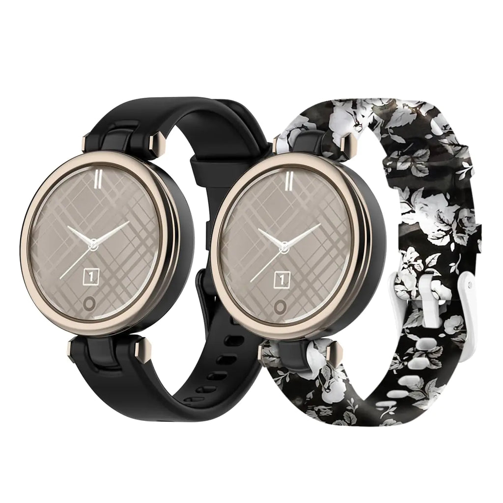 Garmin Lily floral silicone strap duo – adjustable, water-resistant, skin-friendly, floral & black bands