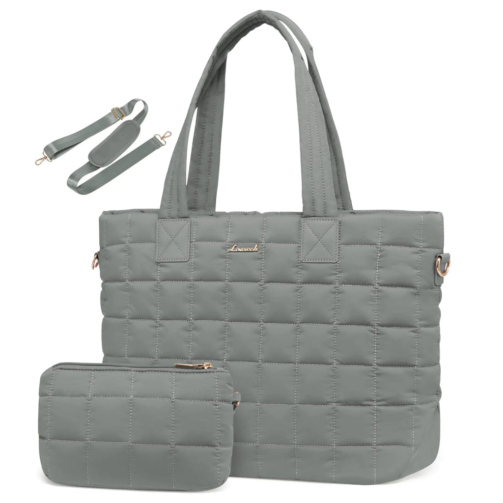 LOVEVOOK green quilted puffer tote bag for women with zipper fits 15.6 inch laptop