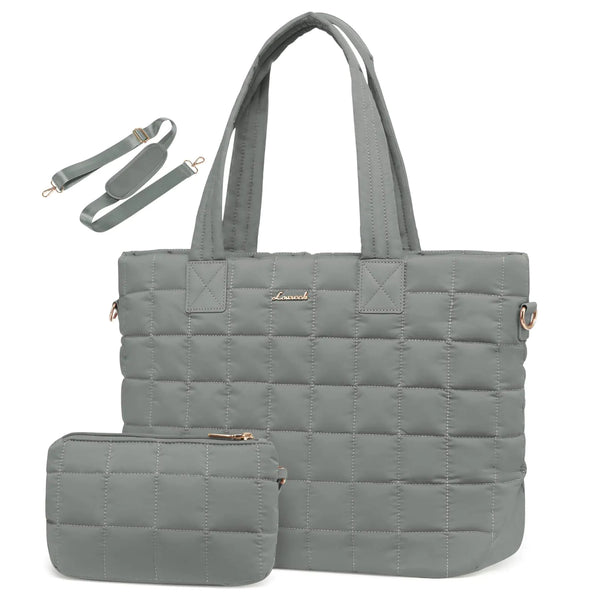 LOVEVOOK green quilted puffer tote bag for women with zipper fits 15.6 inch laptop