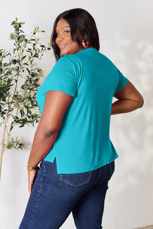 Mahya Essential Round-Neck Top in [Sky Blue / Magenta / Turquoise / Chestnut] – stretchy rayon short sleeve women's shirt, size 3XL