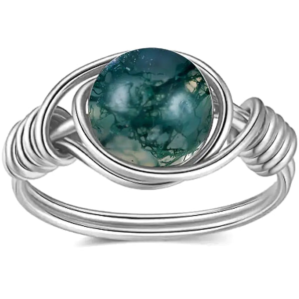 Moss agate harmony ring – silver handcrafted natural green gemstone, hypoallergenic, heart chakra healing