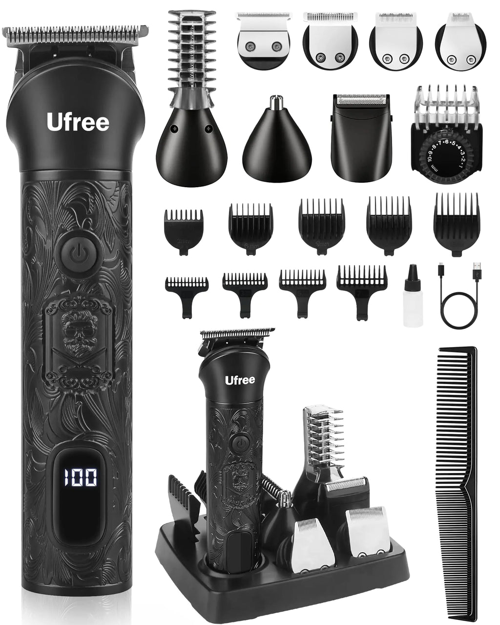MultiPro 7-in-1 men's grooming kit in black with beard body and hair trimmer heads and storage base