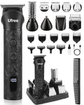 MultiPro 7-in-1 men's grooming kit in black with beard body and hair trimmer heads and storage base