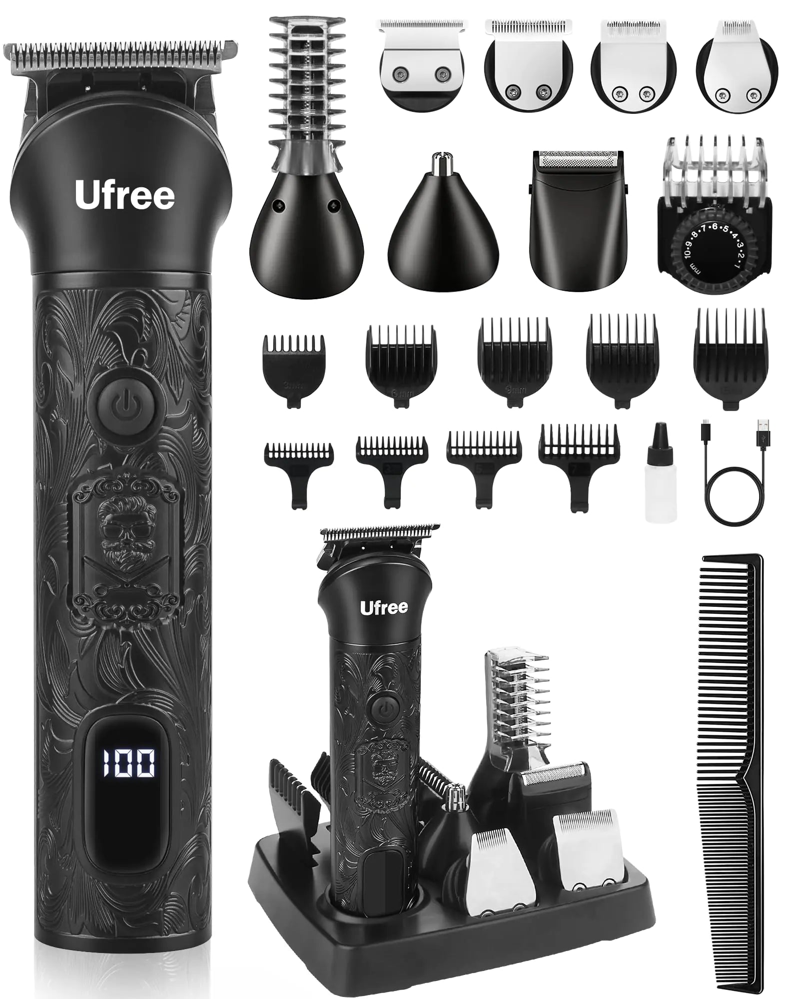 MultiPro 7-in-1 men's grooming kit in black with beard body and hair trimmer heads and storage base