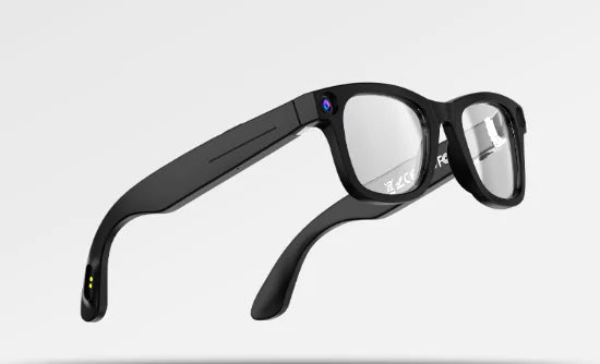 AI camera smart glasses with transparent lens featuring HD video recording and object recognition