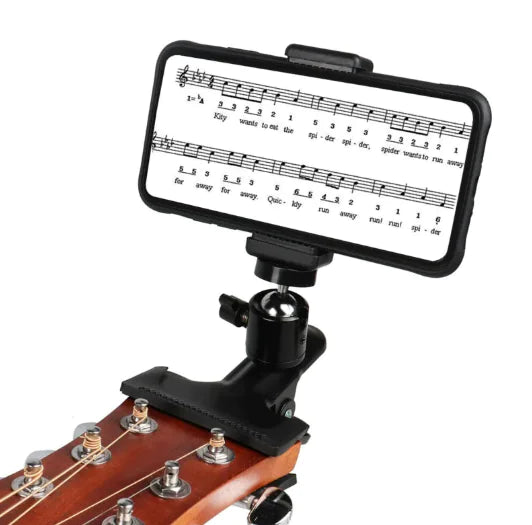 Mahya Phone Guitar Clip Stand in Black – adjustable hands-free smartphone holder for guitar streaming and recording