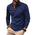 PEVOSU men's navy long sleeve cotton polo shirt with turn-down collar and button-up front